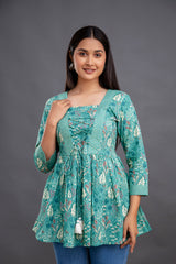 Flared Printed Cotton Top with Tassels
