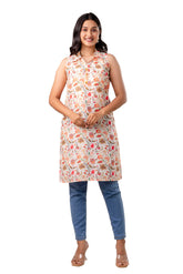 Off White Viscose Floral Printed Short Kurta