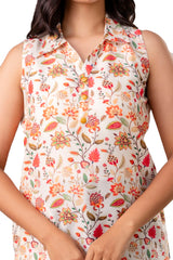 Off White Viscose Floral Printed Short Kurta