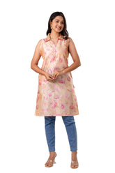 Pink Chanderi Floral Print Short Kurta with Embroidery
