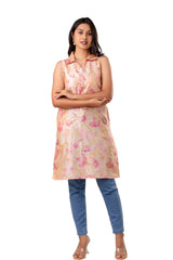 Pink Chanderi Floral Print Short Kurta with Embroidery
