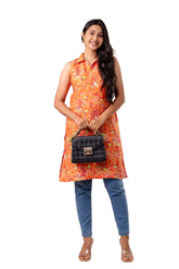 Orange Viscose Floral Printed Short Kurta