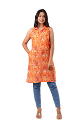 Orange Viscose Floral Printed Short Kurta
