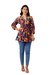 Multicolor Cotton Floral Printed Gathered Top