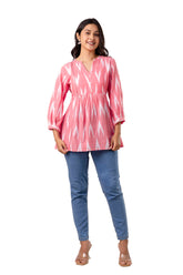 Pink Cotton Ikat Printed Gathered Top