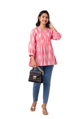 Pink Cotton Ikat Printed Gathered Top