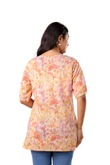 Beige Floral Print Cotton Flared Top with Kantha Work