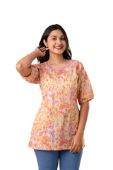 Beige Floral Print Cotton Flared Top with Kantha Work