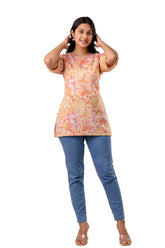 Beige Floral Print Cotton Flared Top with Kantha Work