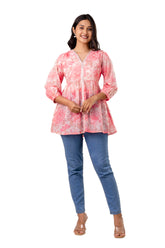 Floral Printed Schiffli Cotton Flared Top with Mirror Embellishments