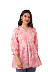 Floral Printed Schiffli Cotton Flared Top with Mirror Embellishments