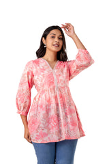 Floral Printed Schiffli Cotton Flared Top with Mirror Embellishments