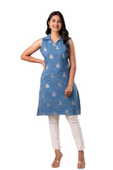 Blue Self Weaved Jacquard Chanderi Short Kurta