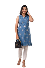 Blue Self Weaved Jacquard Chanderi Short Kurta