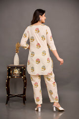 Off-White Procion Print Co-ord Set with Cowrie Lace Yoke