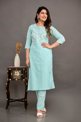 Cotton Dobby Embroidered Kurta Pant Set