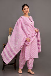 Lavender Procion Printed Kurta Set with Zari Embroidery & Dupatta