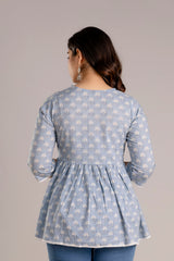 Procion Print V-Neck Cotton Top with Crochet Lace Detail