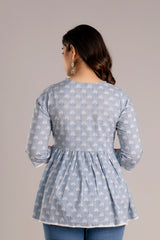 Procion Print V-Neck Cotton Top with Crochet Lace Detail