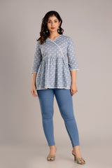 Procion Print V-Neck Cotton Top with Crochet Lace Detail