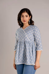 Procion Print V-Neck Cotton Top with Crochet Lace Detail