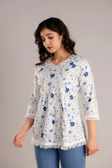 Cotton Floral Printed Top With Lace Detail