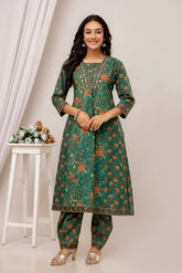 100% Cotton Printed 3Pc Kurta Set Embellished with Sequins Work