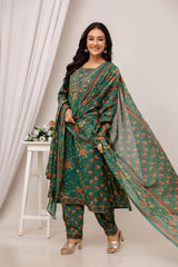 100% Cotton Printed 3Pc Kurta Set Embellished with Sequins Work