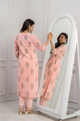 Peach Floral 3Pc Cotton Kurta Set with Embroidery & Mirror Work
