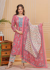 Floral Print Cotton 3Pc Kurta, Pant, and Dupatta Set