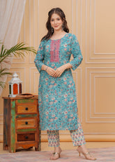 Floral Print Cotton 3Pc Kurta, Pant, and Dupatta Set