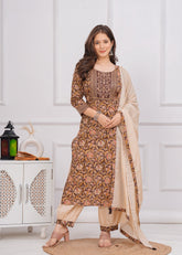 Coffee Brown Cotton Printed Embroidered 3Pc Kurta, Pant & Dupatta Set