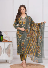 Bottle Green Floral Cotton 3Pc Embroidered Kurta, Pant & Dupatta Set