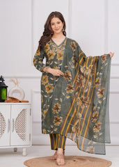 Bottle Green Floral Cotton 3Pc Embroidered Kurta, Pant & Dupatta Set