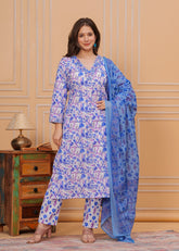 Floral Printed Cotton Embroidered 3Pc Kurta, Pant & Dupatta Set