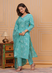 Pure Cotton Embroidered 3Pc Kurta, Pant, and Dupatta Set