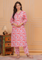 Floral Printed Cotton Embroidered 3Pc Kurta, Pant & Dupatta Set