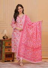 Floral Printed Cotton Embroidered 3Pc Kurta, Pant & Dupatta Set