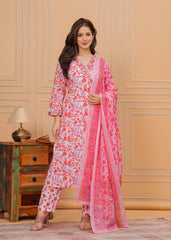 Floral Printed Cotton Embroidered 3Pc Kurta, Pant & Dupatta Set