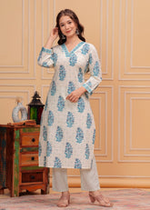 White Floral Cotton 3Pc Embroidered Kurta, Pant & Dupatta Set