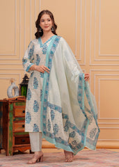 White Floral Cotton 3Pc Embroidered Kurta, Pant & Dupatta Set
