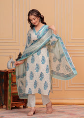 White Floral Cotton 3Pc Embroidered Kurta, Pant & Dupatta Set