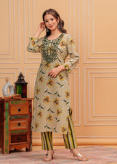 Beige Floral Printed Cotton Embroidered 3Pc Kurta, Pant & Dupatta Set