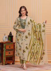 Beige Floral Printed Cotton Embroidered 3Pc Kurta, Pant & Dupatta Set