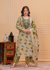 Beige Floral Printed Cotton Embroidered 3Pc Kurta, Pant & Dupatta Set