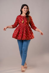 Floral Procion Printed Top with Tassel Neck