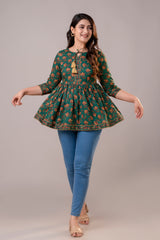 Floral Procion Printed Top with Tassel Neck