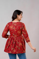 V-Neck Cotton Top with Procion Print & Tassels