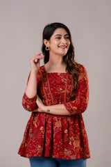 V-Neck Cotton Top with Procion Print & Tassels