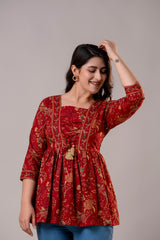 V-Neck Cotton Top with Procion Print & Tassels